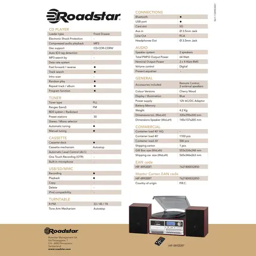 Roadstar HIF-8892EBT sistema de audio para el hogar 8 W Cereza (fruta), Plata, Mad