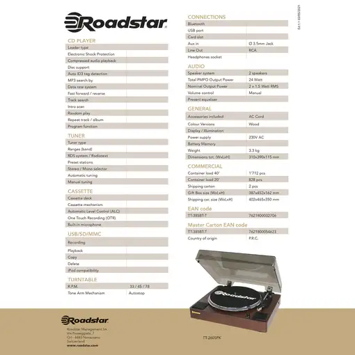 Roadstar TT-260SPK tocadisco Tocadiscos de tracción directa Madera Automático