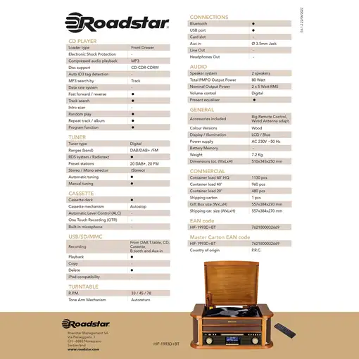Roadstar HIF1993DBT tocadisco Madera Manual