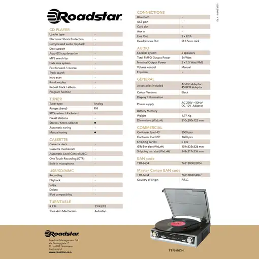 Roadstar TTR-8634 tocadisco Negro, Plata