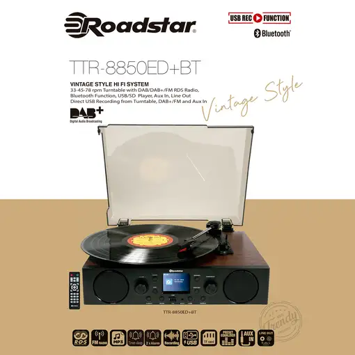 Roadstar TTR-8850ED BT tocadisco Tocadiscos de tracción por correa Negro, Madera