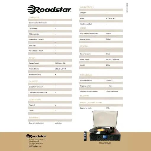 Roadstar TTR-8850ED BT tocadisco Tocadiscos de tracción por correa Negro, Madera