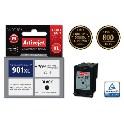 Activejet Tinta AH-901BRX (sustitución de la HP 901XL CC654AE; Premium; 20 ml; neg