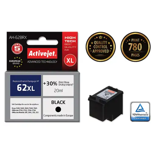 Activejet Tinta AH-62BRX (repuesto HP 62XL C2P05AE; Premium; 20 ml; negro)