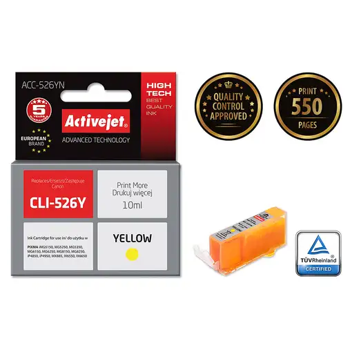 Activejet Tinta ACC-526YN (Canon CLI-526Y de repuesto; Suprema; 10 ml; amarilla)