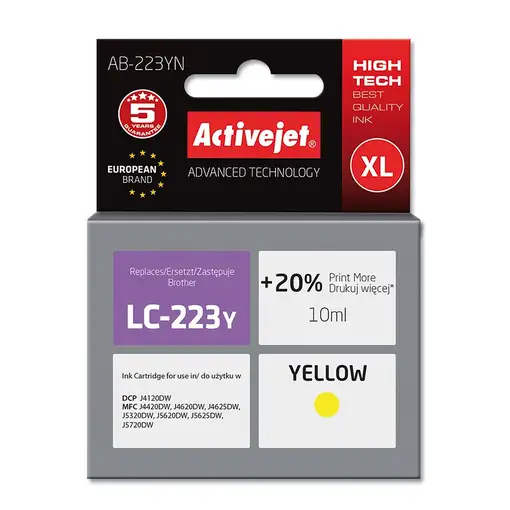 Activejet Tinta AB-223YN (repuesto Brother LC223Y; Supreme; 10 ml; amarillo)