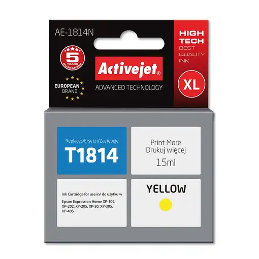 Activejet Tinta AE-1814N (recambio de la Epson 18XL T1814; Supreme; 15 ml; amarill Activejet Tinta AE-1814N (recambio de la Epson 18XL T1814; Supreme; 15 ml; amarill