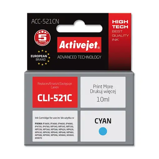 Activejet Tinta ACC-521CN (Canon CLI-521C de repuesto; Supreme; 10 ml; azul)