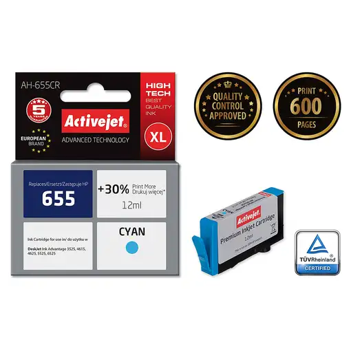 Activejet Tinta AH-655CR (reemplazo HP 655 CZ110AE; Premium; 12 ml; azul)