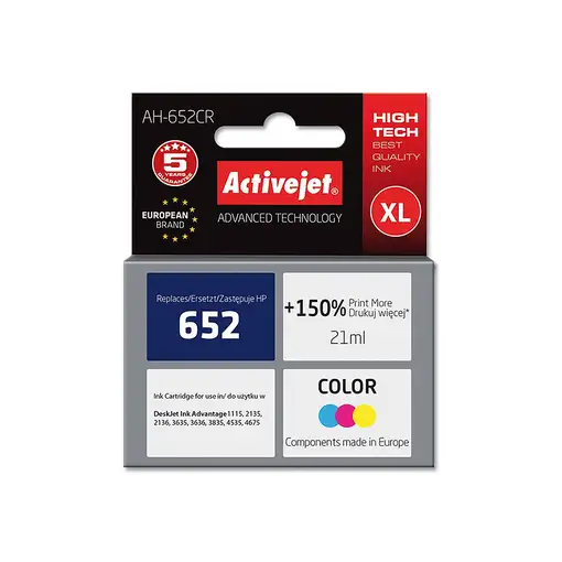 Activejet Tinta AH-652CR (reemplazo HP 652 F6V24AE; Premium; 21 ml; color)