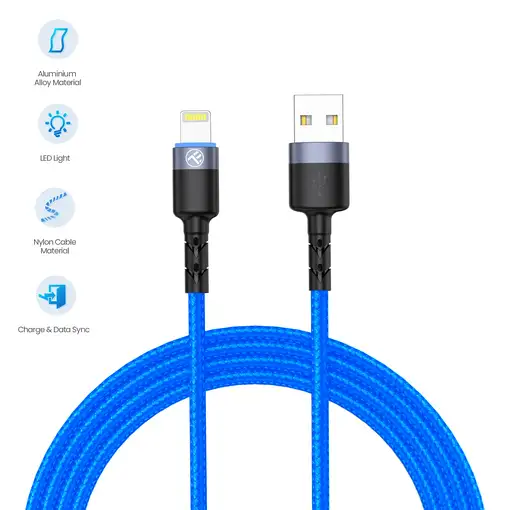 Cable de datos Tellur USB a Lightning con luz LED, 3A, 1,2 m, azul