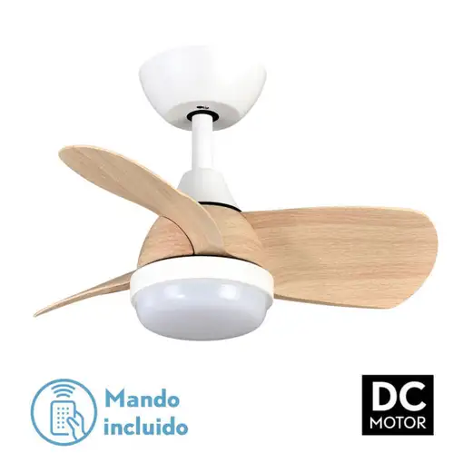 Ventilador DC Pirdo blanco/haya con luz LED, 3 aspas y mando