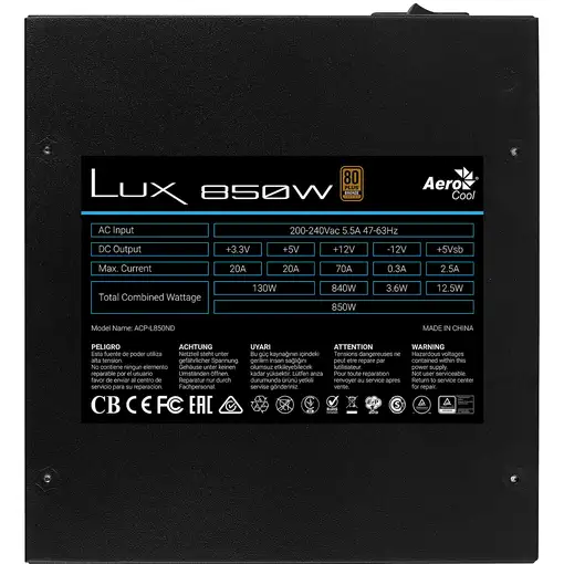 Aerocool LUX850 Fuente Alimentación PC 850W 80 Plus Bronze 230V 88% Eficiencia Neg