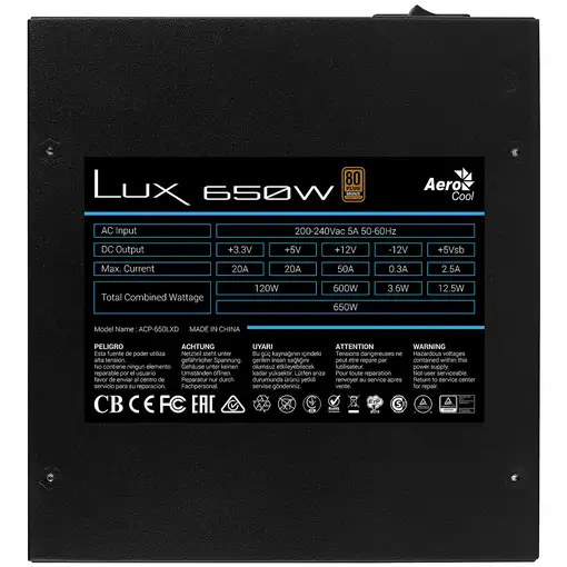 Aerocool LUX650 Fuente Alimentación PC 650W 80 Plus Bronze 230V 88% Eficiencia Neg
