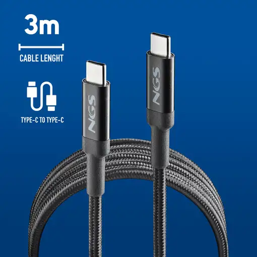 Cable de carga rápida de  USB-C a USB-C de 3 metros hasta 65W, NGS