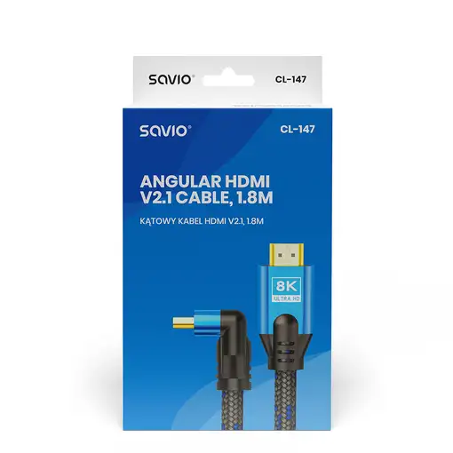 Savio CL-147 Kabel HDMI v2.1, ktowy,1.8m, mied, oplot baweniany, metalowe wtyczki