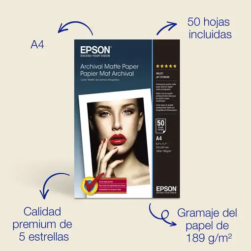 Epson Papel fotográfico mate Archival A4 de , 189 g/m2, 50 hojas