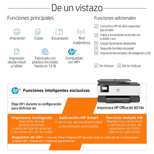HP OfficeJet 8014e Inalámbrico All-in-One Color Impresora, Servicio Instant Ink; I