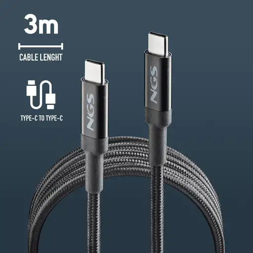 Cable de carga rápida de  USB-C a USB-C de 3 metros hasta 100W, NGS