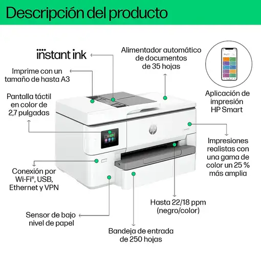 HP OfficeJet Pro 9720e Inalámbrico All-in-One Color Impresora, Impresión a doble c