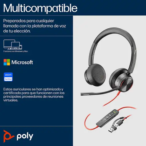 POLY Auriculares estéreo Blackwire 8225 USB-C + Adaptador USB-C/A