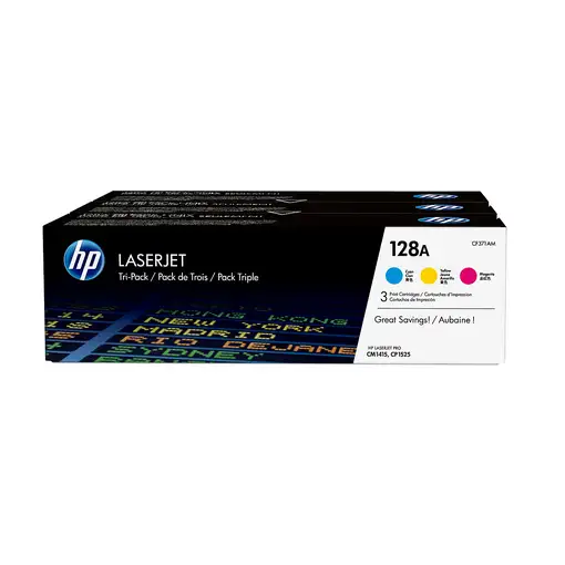 HP Pack de ahorro de 3 cartuchos de tóner original LaserJet 128A cian/magenta/amar HP Pack de ahorro de 3 cartuchos de tóner original LaserJet 128A cian/magenta/amar