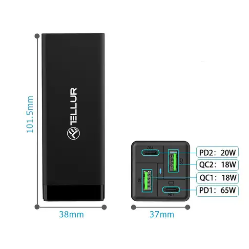 Cargador de pared Tellur PDHC2 65W (2xPD 2xQC3.0), UE,REINO UNIDO,EE. UU., negro