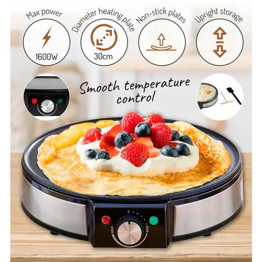 Crepera, Máquina de Hacer Crepes, Tortitas, Antiadherente,Plato 30cm CM1137,Briebe