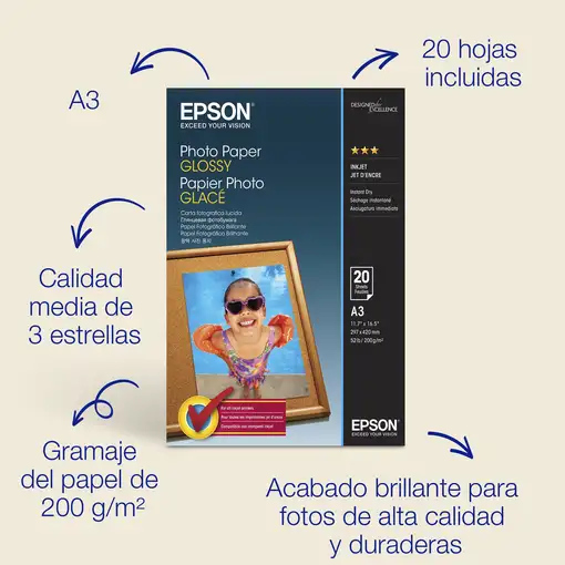 Epson Papel fotográfico brillante A3 de , 200 g/m2, 20 hojas