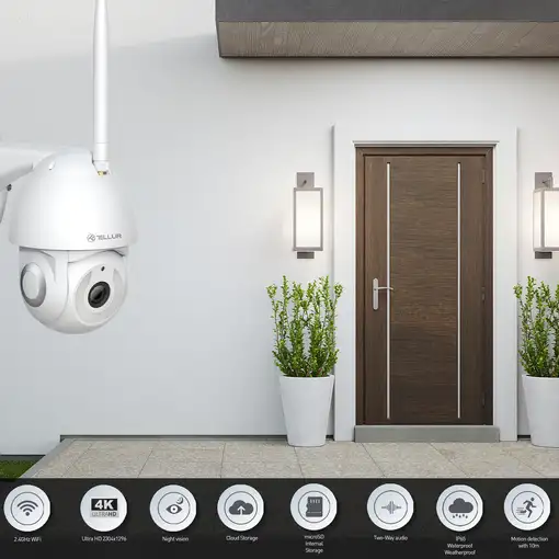 Cámara exterior Tellur Smart WiFi, 3MP, UltraHD, Autotracking, PTZ, blanco