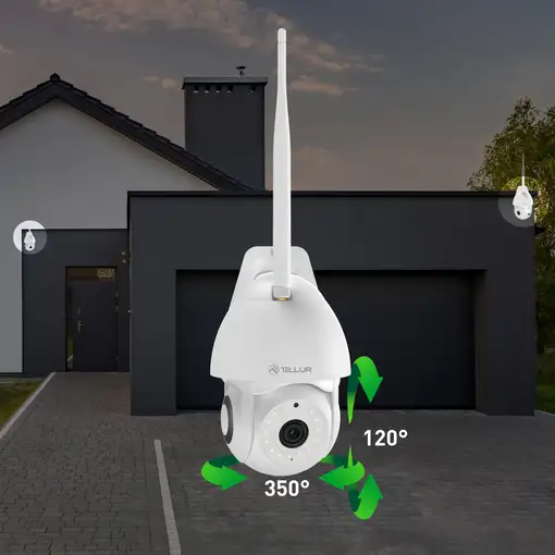 Cámara exterior Tellur Smart WiFi, 3MP, UltraHD, Autotracking, PTZ, blanco