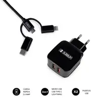 Cargador De Pared Abs Dual (2.4A) + Cable 3 En 1  Negro