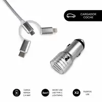 Cargador Dual Car Charger (2.4A) + Cable 3In1  Plata