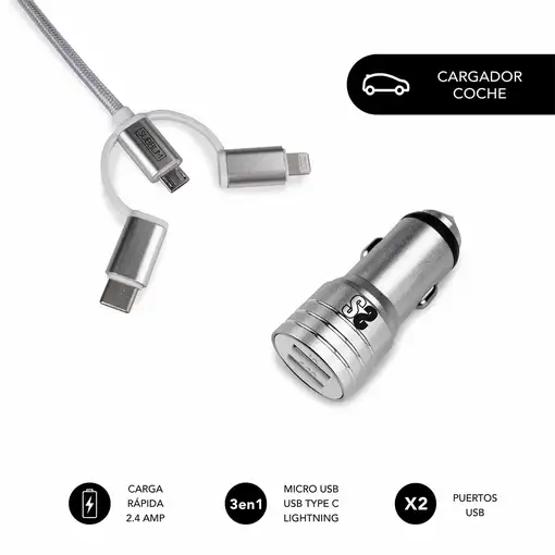 Cargador Dual Car Charger (2.4A) + Cable 3In1  Plata
