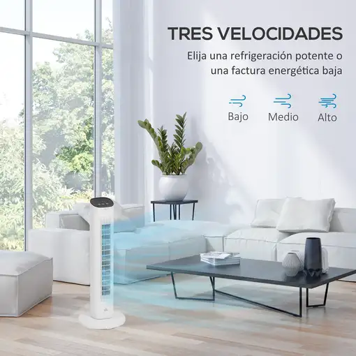 Ventilador de Torre 50W Control Remoto 3 Velocidades 30x30x78 cm Blanco HOMCOM