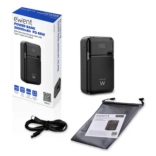 Ewent Power Bank de 65W y 20,000 mAh – Batería Externa de Carga Rápida con Entrada