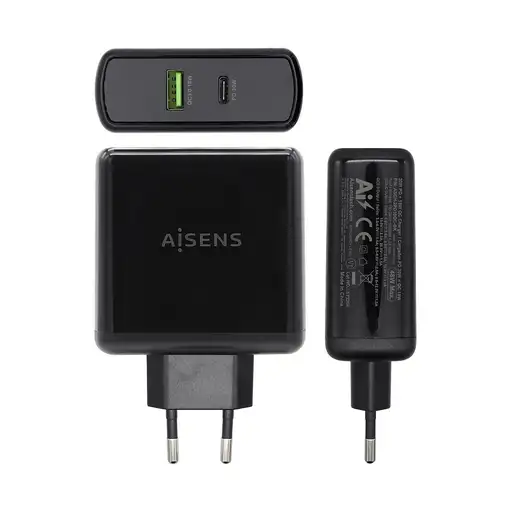 AISENS Cargador 48 W, 1x USB-C PD3.0 30 W, 1x USB-A QC3.0 18 W, Negro