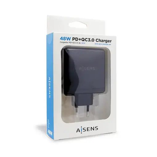 AISENS Cargador 48 W, 1x USB-C PD3.0 30 W, 1x USB-A QC3.0 18 W, Negro