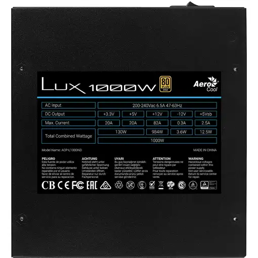 Aerocool LUX1000 Fuente Alimentación PC 1000W 80 Plus Gold 90% Eficiencia Negro