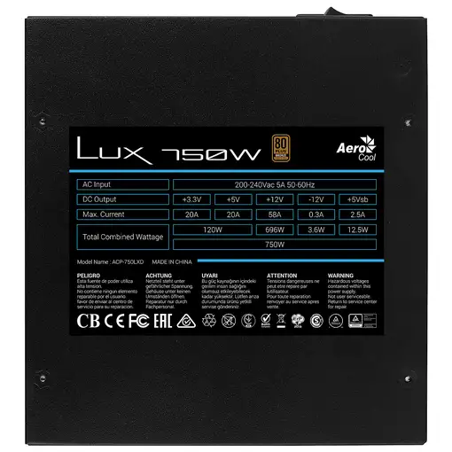 Aerocool LUX750 Fuente Alimentación PC 750W 80 Plus Bronze 230V 88% Eficiencia Neg