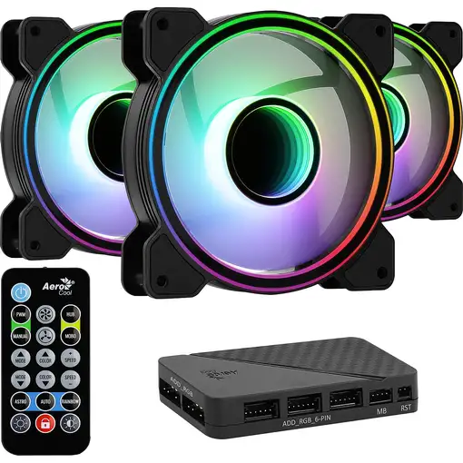 Aerocool MIRAGE12PRO Kit 3xVentilador PC 12cm ARGB 6 Pines Hub Silencioso Negro