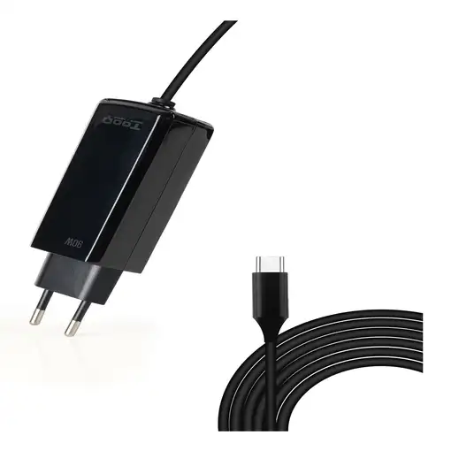 TooQ Cargador de portátil GAN USB-C PD 90W, Negro