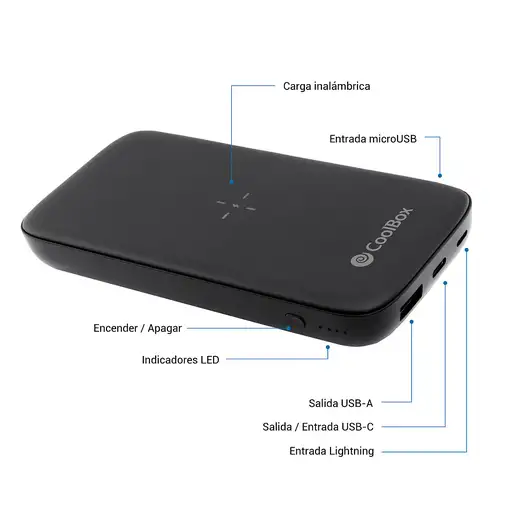 CoolBox POWERBANK QI INALAMBRICO/USB-A/USB-C/MICROUSB/LIGHTING 10.000MAH NEGRO