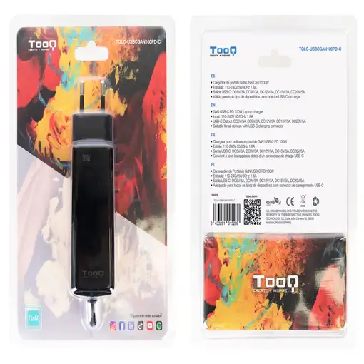 TooQ Cargador de portátil GAN USB-C PD 100W, Negro