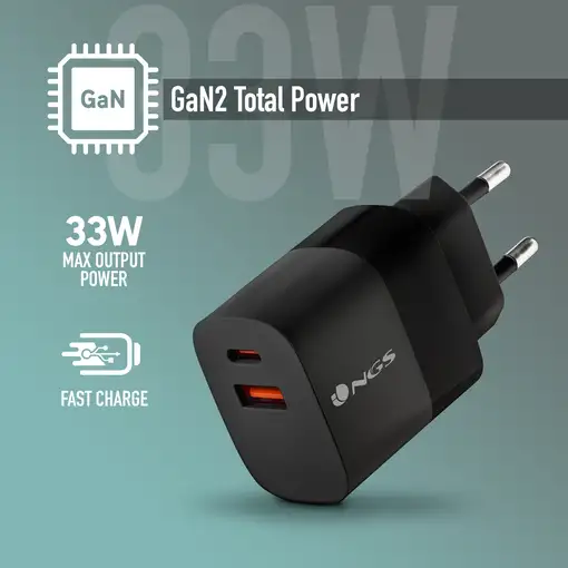 Cargador GAN de pared ultrarápido de 33W con 2 puertos: 1 USB-C 1 USB-A, NGS