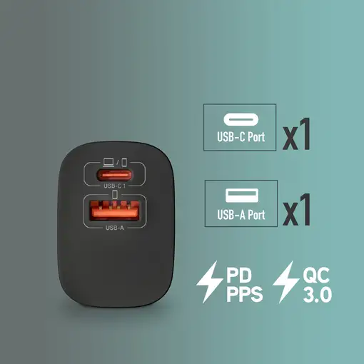 Cargador GAN de pared ultrarápido de 33W con 2 puertos: 1 USB-C 1 USB-A, NGS
