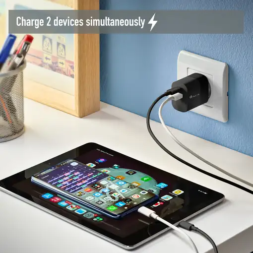 Cargador GAN de pared ultrarápido de 33W con 2 puertos: 1 USB-C 1 USB-A, NGS