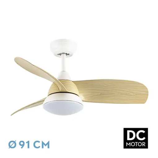 Ventilador DC Átomo blanco/haya, LED 24W, 3 aspas y 6 velocidades