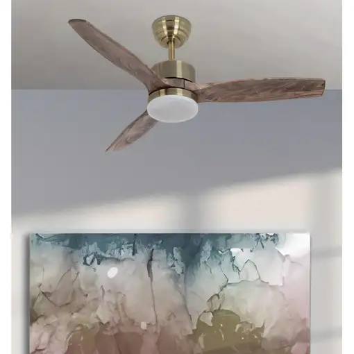 Ventilador DC Torino cuero/roble 107cm, LED, 3 aspas, 6 velocidades