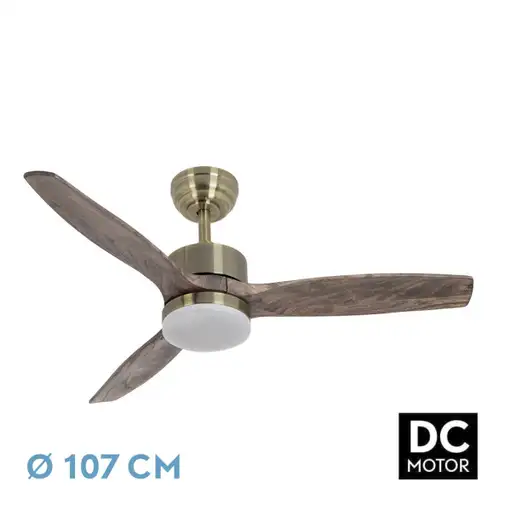 Ventilador DC Torino cuero/roble 107cm, LED, 3 aspas, 6 velocidades